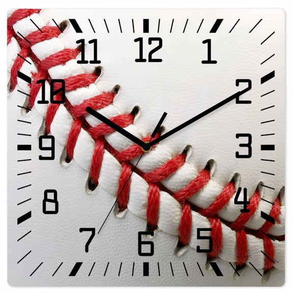 Baseball Wooden Wall Clock Silent Non Ticking, Red White Texture Sports Ball Minimalist Square Wall Clocks Battery Operated, Decor Clock for Home Office, Living Room, Kitchen, 10 Inch