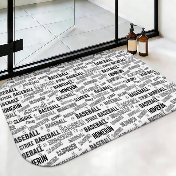 Baseball Words and Icons White Non-Slip Bath Mat, Bedroom Area Mat with ...