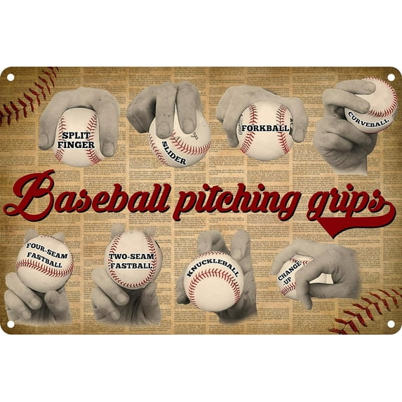 Baseball accessories Baseball Pitching Grips Retro Metal Sign Tin Sign Vintage Baseball Poster Baseball Gifts For Boys Room Bedroom Decor Bar Club Wall Art 8x12 Inch