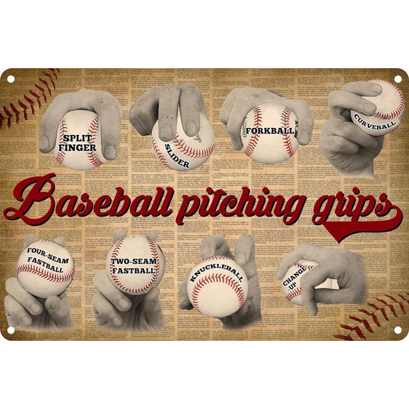 Baseball accessories Baseball Pitching Grips Retro Metal Sign Tin Sign Vintage Baseball Poster Baseball Gifts For Boys Room Bedroom Decor Bar Club Wall Art 8x12 Inch