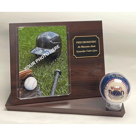 Baseball and 5X7 Photo Vertical Desktop Display Case - Cherry Finish Wood Base and Frame - Free Engraving