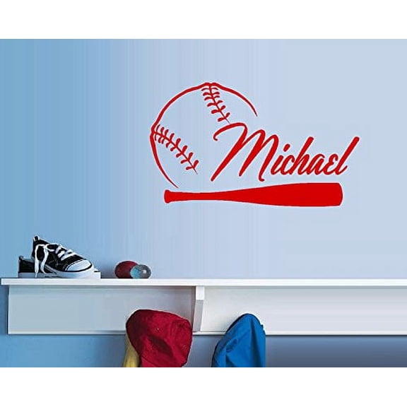 Baseball and Bat (Custom Name) Wall or Window Decal 13" x 20" (Red)