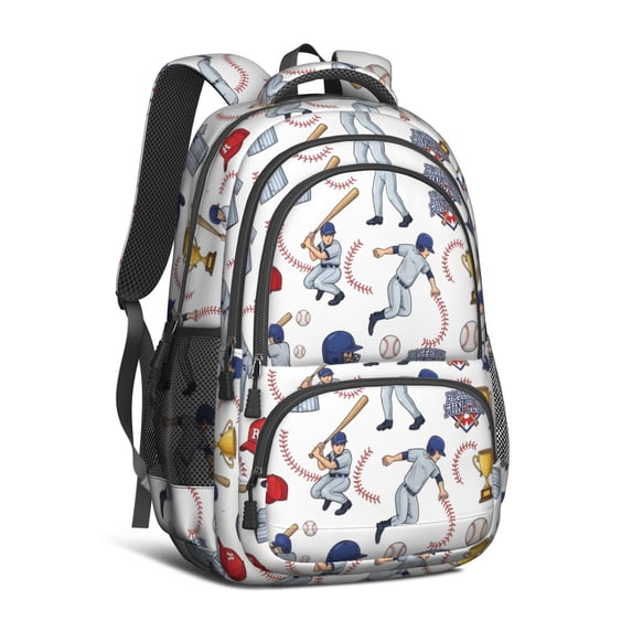 Baseball and Glove White Pattern Backpack for School, Cute School Bag with Adjustable Shoulder Straps and Padded Back, 16.9"x12.6"x5.9"