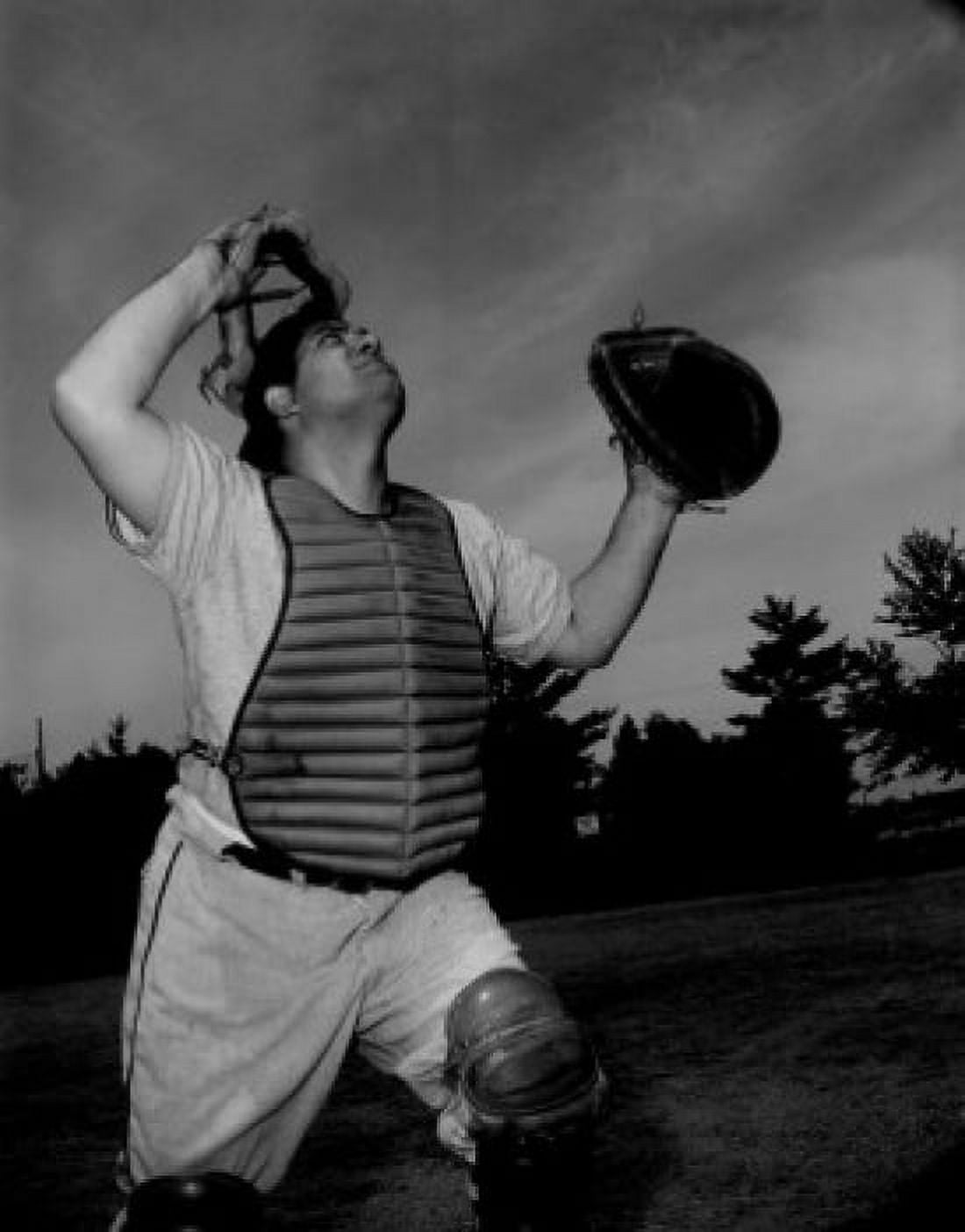 Baseball catcher looking up for ball Canvas Art - (18 x 24)