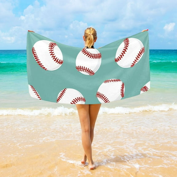 Baseball on Blue Beach Towel Camping Towel Microfiber Oversized 37" x 74" Absorbent for Seaside Camping Swimming Fitness