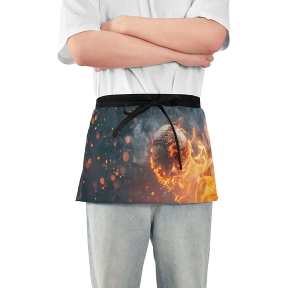 Baseball on Fire Short Server Apron with 3 Pockets for Unisex Chef Gardening