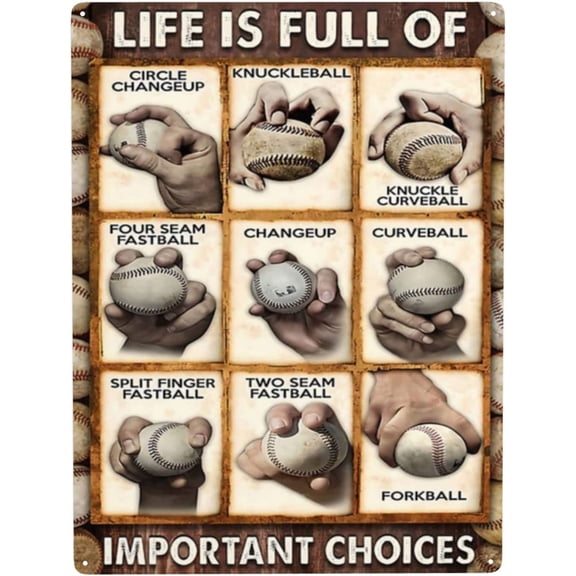 Baseball pitching grips cheat sheet Vintage Tin Sign Metal Poster Art Funny Tin Sign for Office/Home/Classroom Bathroom Decor Gifts - Best Farmhouse Decor Gift for Women Men Friends - 8x12 Inch