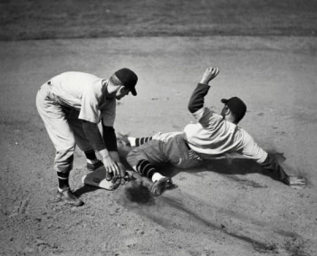 Baseball player sliding on base and another player trying to tag him Canvas Art - (24 x 36)