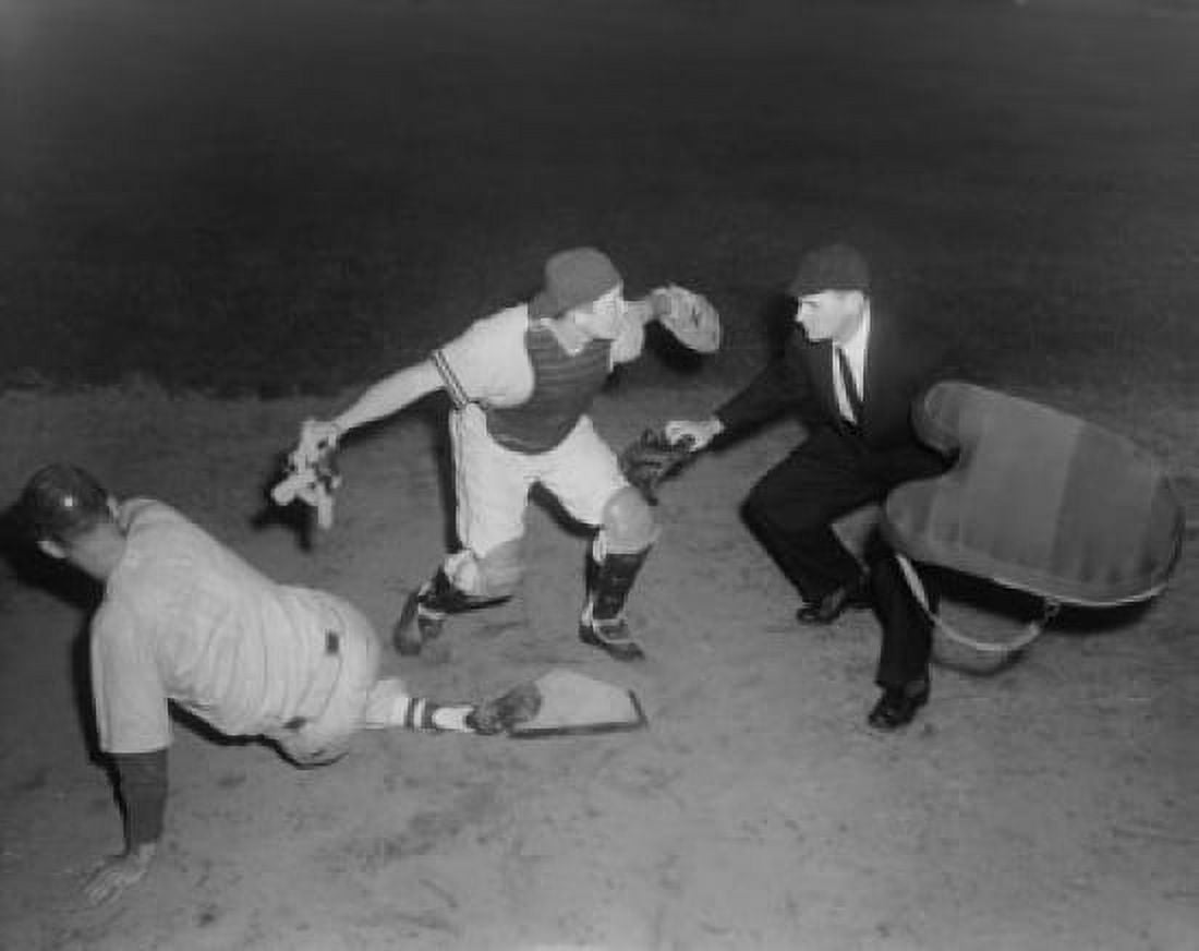 Baseball player sliding on home base and a umpire calling him safe Canvas Art - (18 x 24)