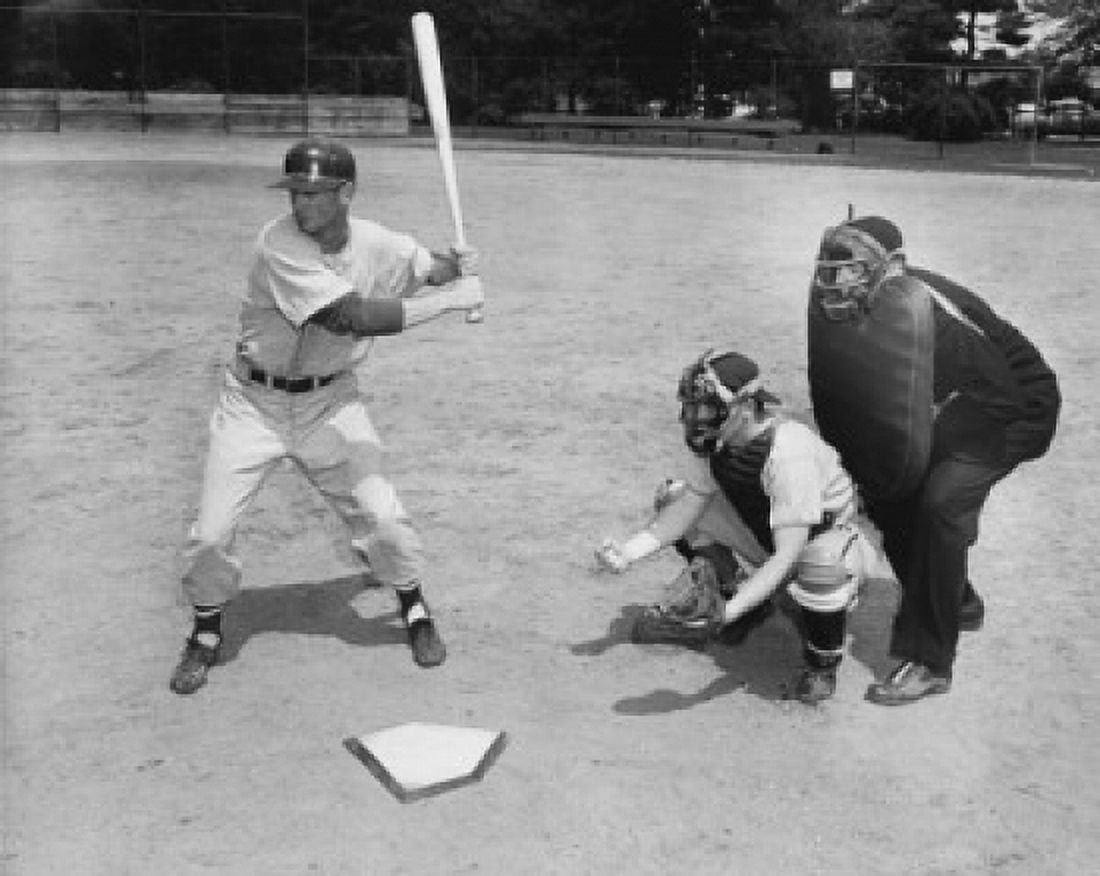 Baseball player swinging a baseball bat with a baseball catcher and a baseball umpire beside him Canvas Art - (24 x 36)