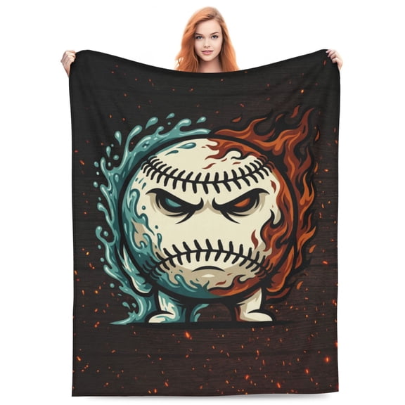 BaseballBlanket, Cool Fire And Ice Athletic Style Flannel Fleece Blanket, Elemental Art Decorative Plush Blanket For Couch Bed 50x40