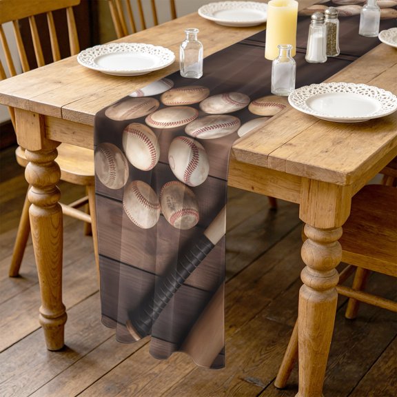 Baseballs 4.5ft Cheesecloth Table Runner for Dining 19"x55", Vintage Baseball and Bat Sport Games Brown Wooden Grain Kitchen Dinner Sheer Tulle Chiffon Dresser Scarf, Holiday Party Decorations