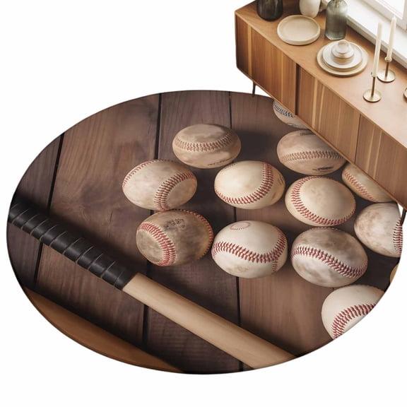 Baseballs 4ft Non Slip Round Area Rug Vintage Baseball and Bat Sport Games Brown Wooden Grain Washable Soft Area Rugs for Living Room, Indoor Circle Carpet for Bedroom Dining Room Kitchen