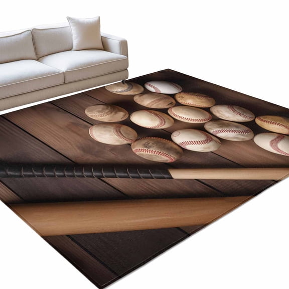 Baseballs 6x9ft Non Slip Area Rug Vintage Baseball and Bat Sport Games Brown Wooden Grain Washable Soft Area Rugs for Living Room, Indoor Circle Carpet for Bedroom Dining Room Kitchen
