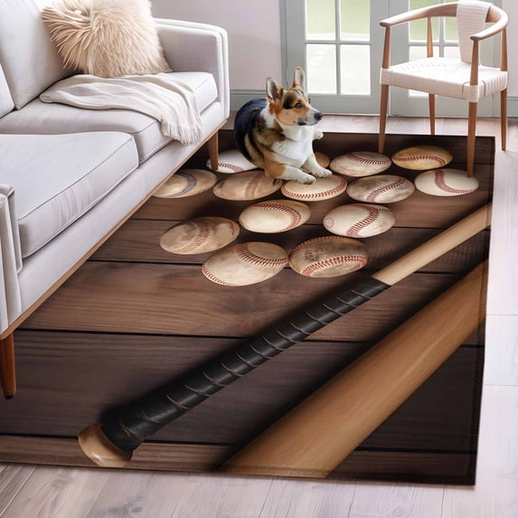 Baseballs Area Rugs 4x6 ft Vintage Baseball and Bat Sport Games Brown Wooden Grain Washable Rug Non Slip Indoor Carpet Absorbent Floor Mat for Living Room Bedroom Dining Room