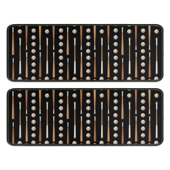Baseballs Bats Black Pattern Anti Fatigue Kitchen Rugs Set Of 2, Non Slip Washable Decorative Floor Mats for Sink Laundry and Home Use, 17"x47"