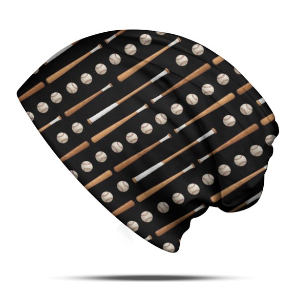 Baseballs Bats Black Pattern Slouchy Beanie Hat, Casual Daily Hat with Stretchy Fabric & Soft Texture, Thermal Warm Gifts for Unisex Men Women