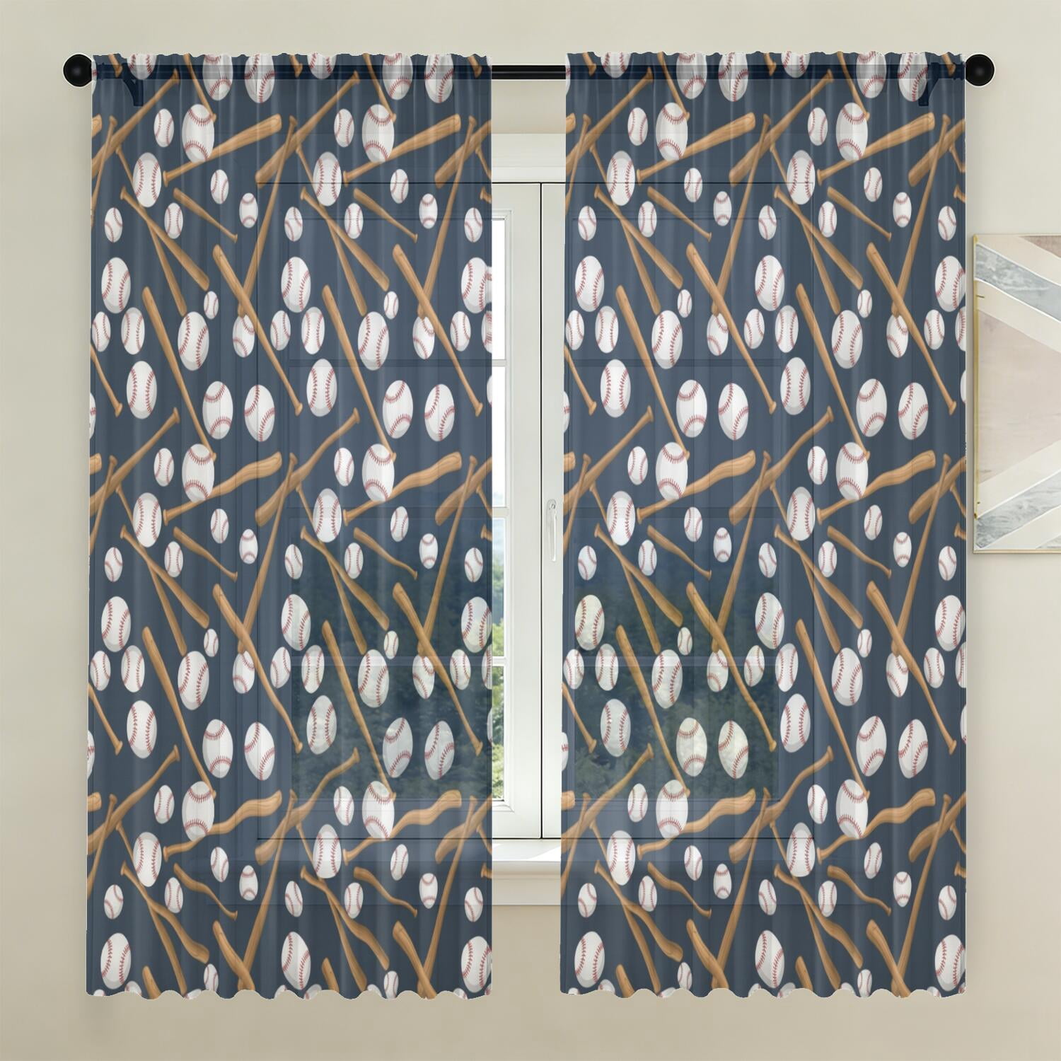 Baseballs Bats Pattern Sheer Curtains, Rod Pocket Sheer Drapes with ...