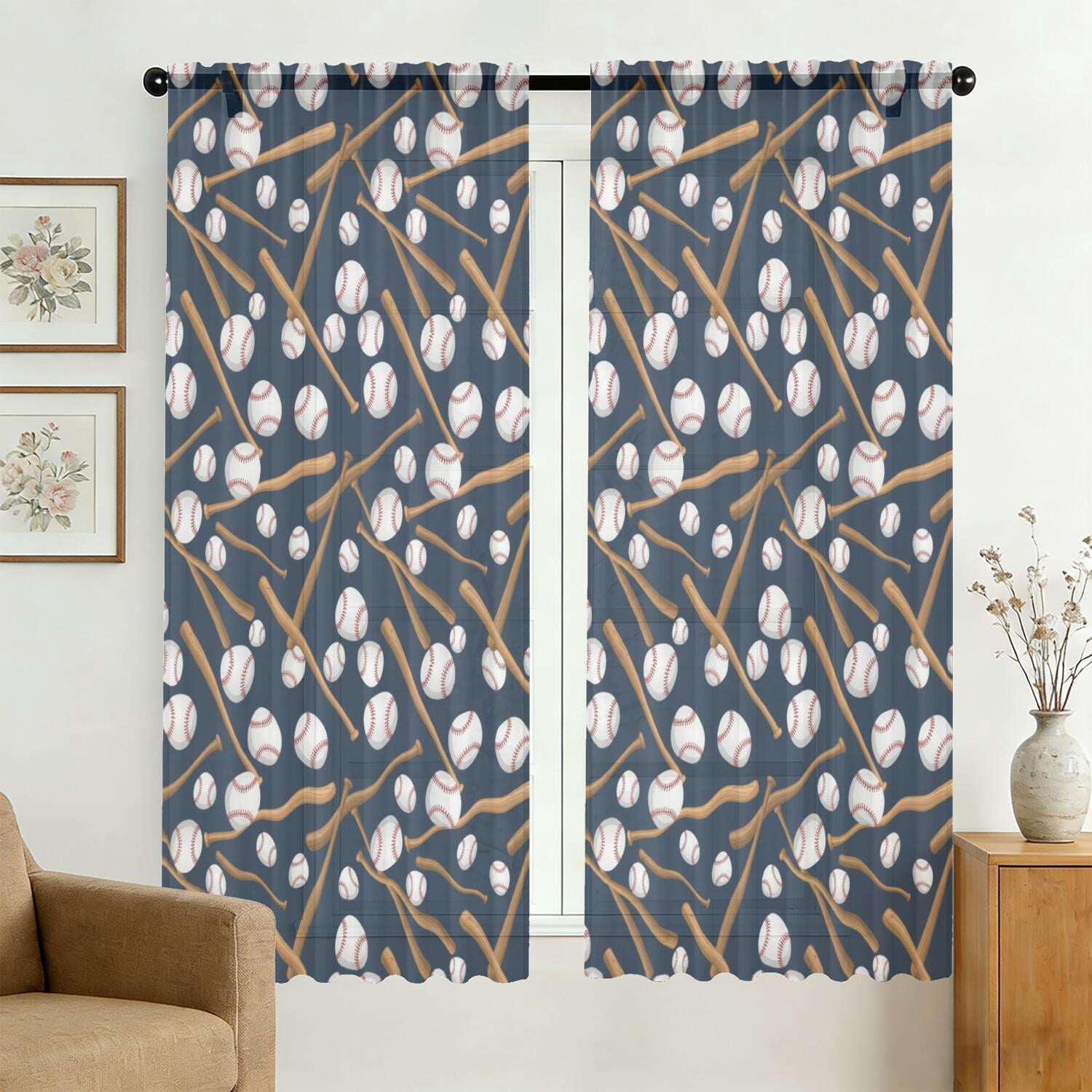 Baseballs Bats Pattern Sheer Curtains, Voile Drapes with Dual Rod ...