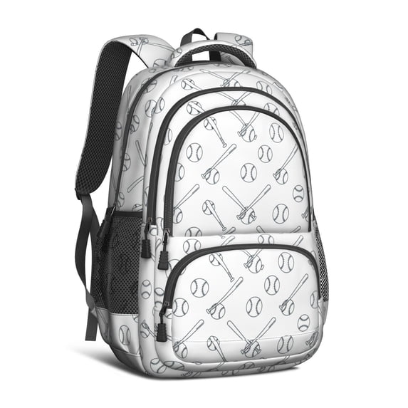 Baseballs Bats White Pattern Backpack for School, Cute School Bag with Adjustable Shoulder Straps and Padded Back, 16.9"x12.6"x5.9"