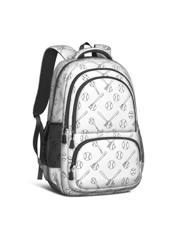 Baseballs Bats White Pattern Backpack for School, Cute School Bag with Adjustable Shoulder Straps and Padded Back, 16.9"x12.6"x5.9"