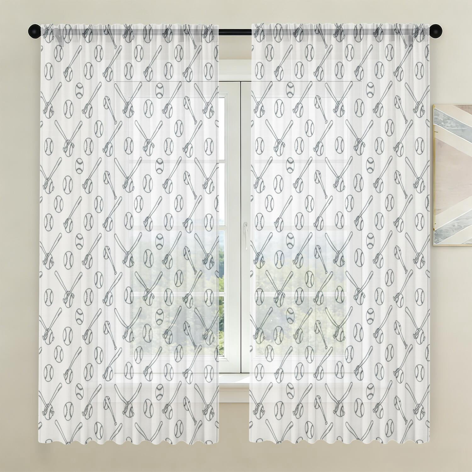 Baseballs Bats White Pattern Sheer Curtains, Voile Drapes with Dual Rod ...