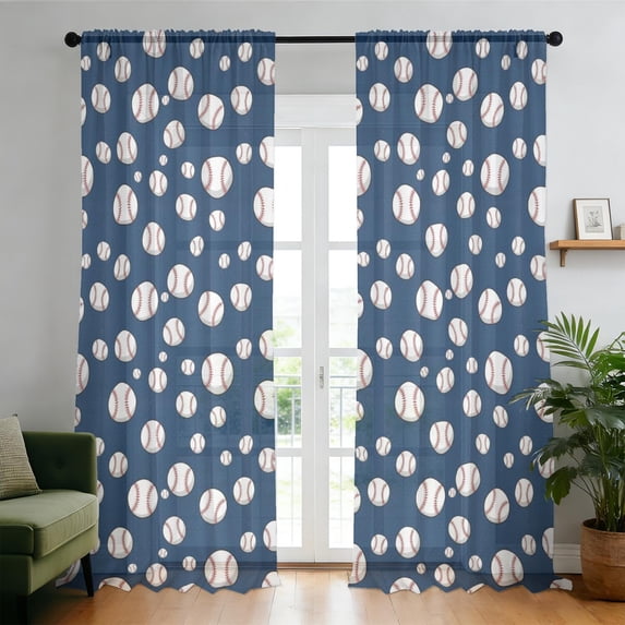 Baseballs Blue Pattern Sheer Curtains, Rod Pocket Sheer Drapes with ...
