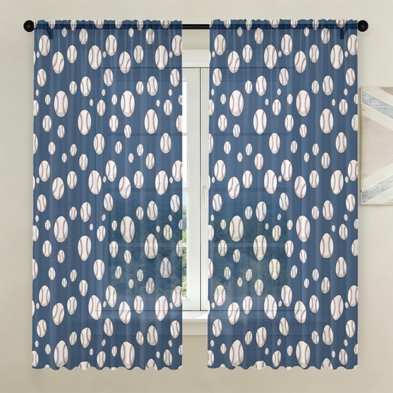 Baseballs Blue Pattern Sheer Curtains, Sheer Window Panels with Dual ...