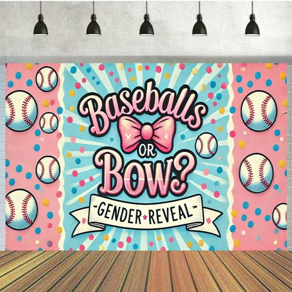 Baseballs or Bows Gender Reveal Backdrop Pink and Blue Boy or Girl Gender Reveal Photography Background Colorful Polka Dot He or She Newborn Baby Shower Party Decorations Banner Photo Booth Props