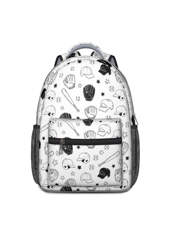 Baseballs Caps Black Pattern Backpack for School, Cute School Bag with Adjustable Shoulder Straps and Padded Back, 15.3"x11"x6.7"