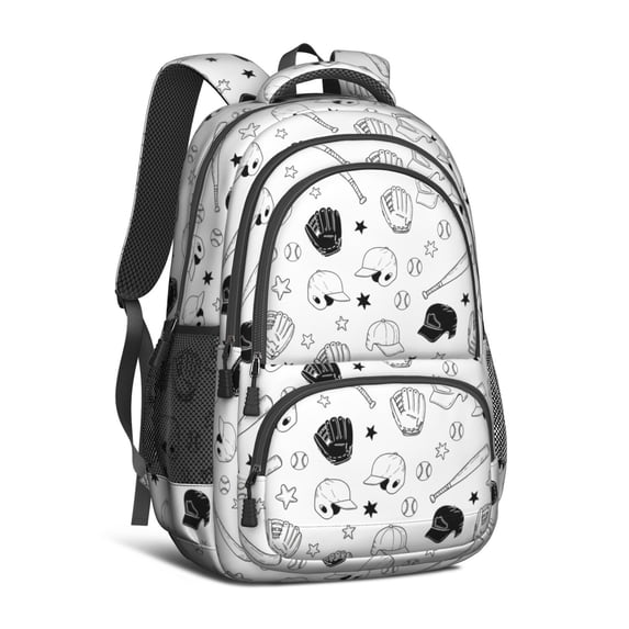 Baseballs Caps Black Pattern Backpack for School, Cute School Bag with Adjustable Shoulder Straps and Padded Back, 16.9"x12.6"x5.9"