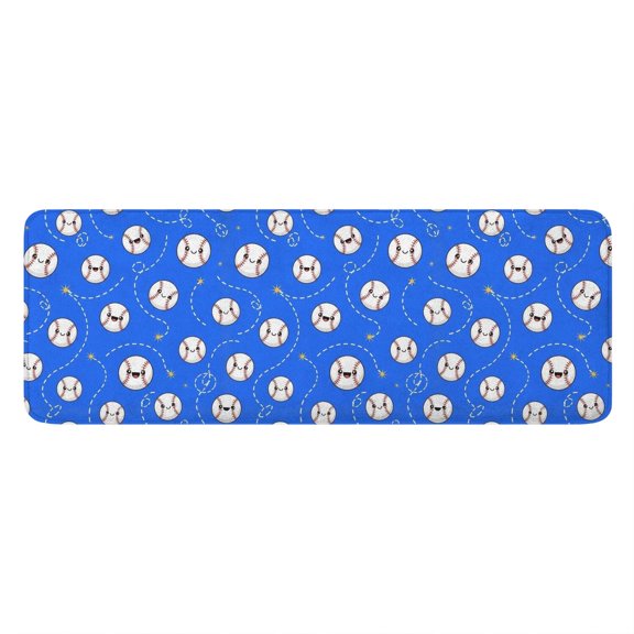 Baseballs and Faces Blue Pattern Flannel Kitchen Runner Mat, Bathroom Long Rug with Non Slip Backing & Absorbent Surface, Wear Resistant Gifts for Housewarming Birthday Christmas