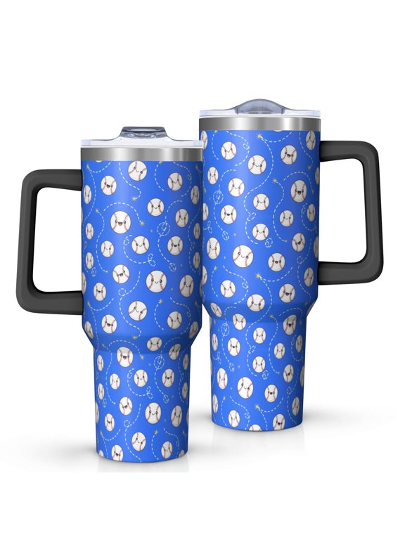 Baseballs and Faces Blue Pattern OneSize Tumbler with Handle 1 Pack, Vacuum Insulated Insulated Drinking Cup Durable Gifts Ideas for Students Teachers Office Workers