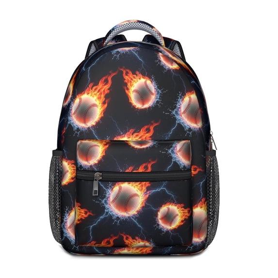 Baseballs Flames Pattern Backpack for School, Cute School Bag with Adjustable Shoulder Straps and Padded Back, 15.3"x11"x6.7"