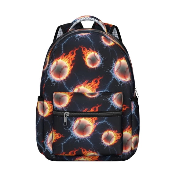 Baseballs Flames Pattern Backpack for School, Cute School Bag with Adjustable Shoulder Straps and Padded Back, 15.3"x11"x7.1"