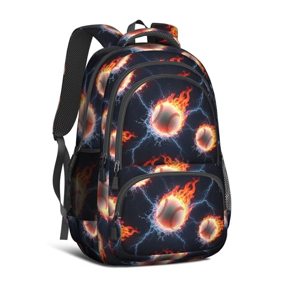 Baseballs Flames Pattern Backpack for School, Cute School Bag with Adjustable Shoulder Straps and Padded Back, 16.9"x12.6"x5.9"