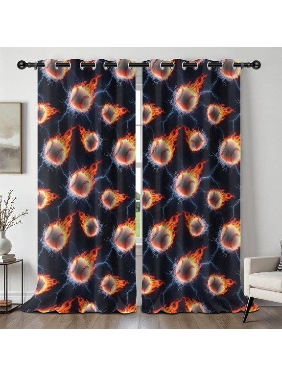 Baseballs Flames Pattern Blackout Curtains,Triple Weaved Fabric,Thermal Insulated,Room Darkening,Grommet Top,2 Panels,52x108in(132x274cm)