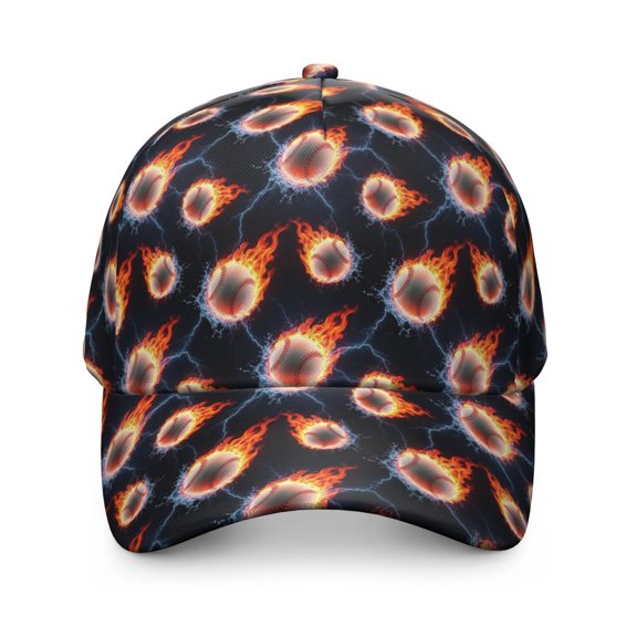 Baseballs Flames Pattern Print Baseball Cap,Adjustable Snapback,4.7in Crown,2.7in Brim,One Size Fits All