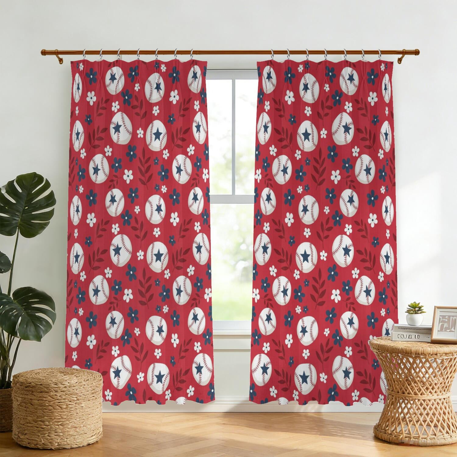 English Red Pattern Baseballs and Flowers Red Pattern Pinch Pleat Semi Sheer Linen Curtains ...