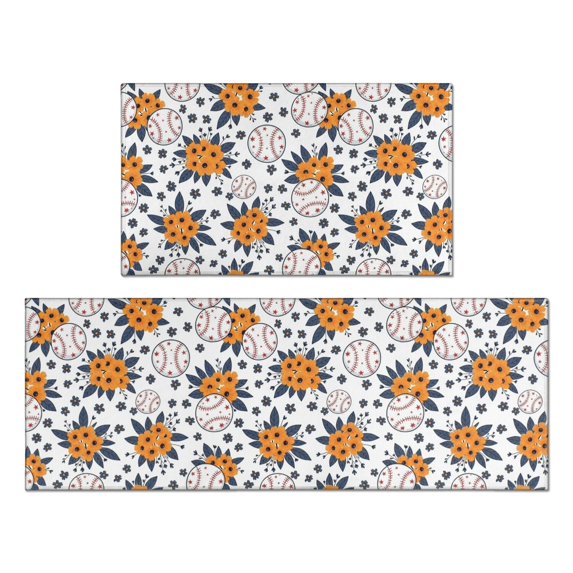 Baseballs and Flowers White Pattern Anti Fatigue Kitchen Rugs Set Of 2, Non Slip Washable Decorative Floor Mats for Kitchen Sink Laundry, 17"x30" and 17"x47"