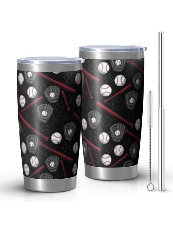 Baseballs and Gloves Black Pattern OneSize Car Tumbler 1 Pack, Vacuum Insulated Stainless Steel Travel Tumbler Sweat Free Exterior Gifts Ideas for Birthday Holiday Party