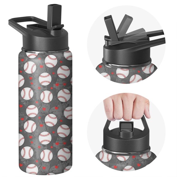 Baseballs and Hearts Gray Pattern Insulated Water Bottle with Straw, Vacuum Insulated Portable Hydration Bottle 304 Stainless Steel Inner Liner Gifts Ideas for Home Office Outdoor Sports Car