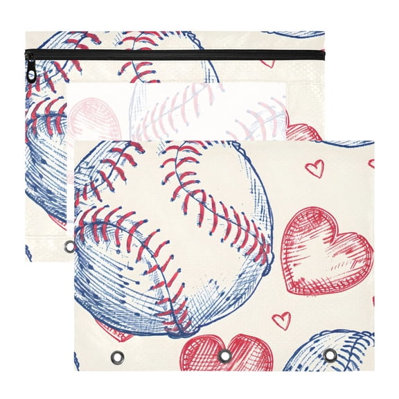 Baseballs Hearts Hand Painted 3-Ring Binder Pouches A4 Size Zipper Pocket File Storage 2 Packs