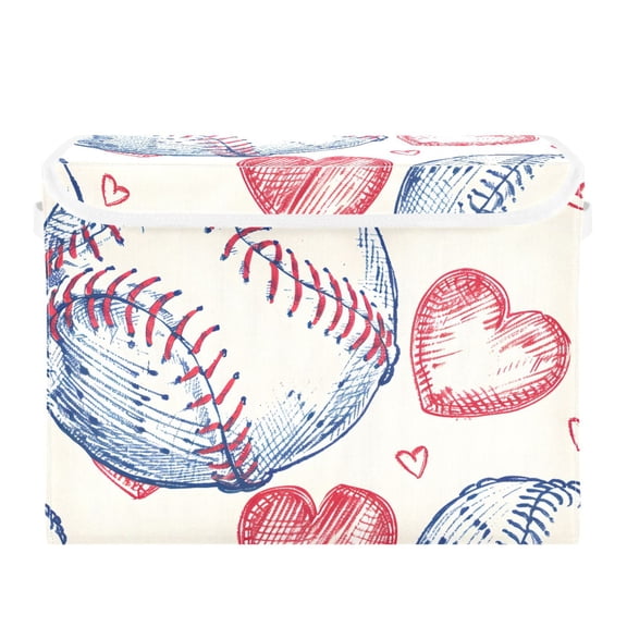 Baseballs Hearts Hand Painted Foldable Storage Bin with Lid and Handle Collapsible Storage Box 16.5 x 12.6 x 11.8 inches