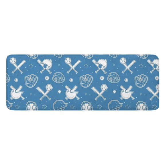 Baseballs and Helmets Blue Pattern Flannel Kitchen Runner Mat, Long Kitchen Floor Rug with Non Slip Backing & Absorbent Surface, Shape Retaining Gifts for Home Kitchen Decor