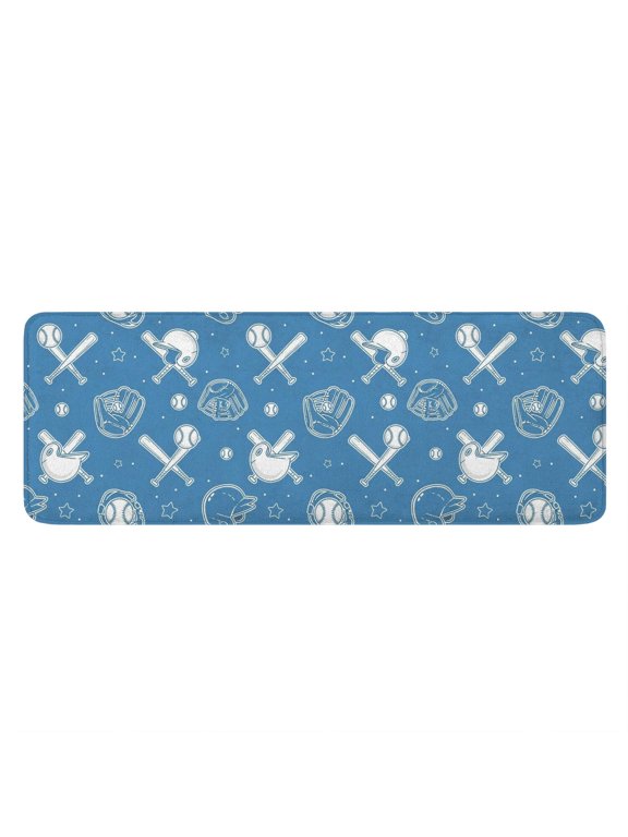 Baseballs and Helmets Blue Pattern Flannel Kitchen Runner Mat, Long Kitchen Floor Rug with Non Slip Backing & Absorbent Surface, Shape Retaining Gifts for Home Kitchen Decor
