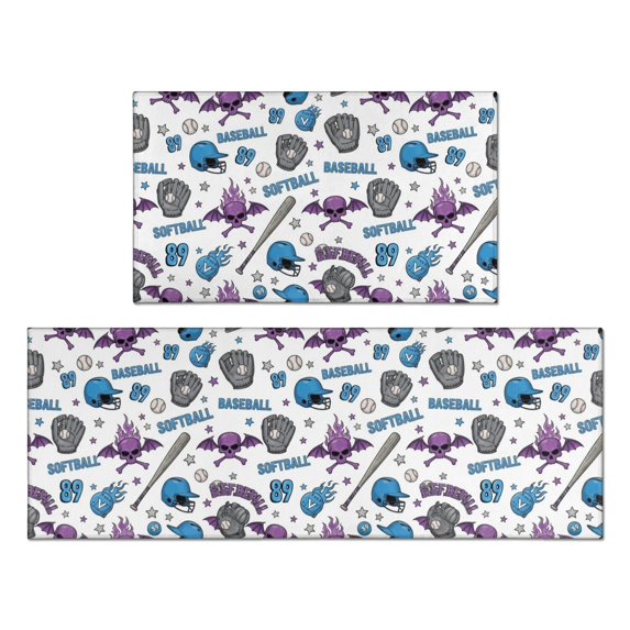 Baseballs and Helmets White Pattern Anti Fatigue Kitchen Rugs Set Of 2, Non Slip Washable Decorative Floor Mats for Kitchen Sink Laundry, 17"x30" and 17"x47"