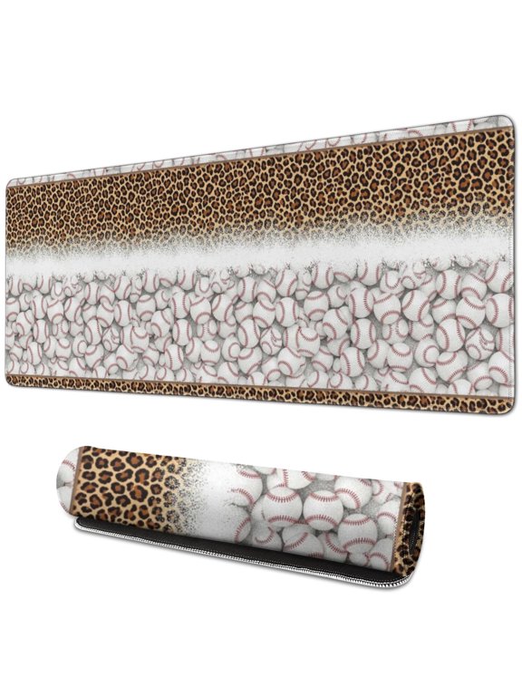 Baseballs and Leopard Print Extended Large Mouse Pad, Desk Protector Mat with Non Slip Base & Stitched Edges, Durable Stable Gifts for Coworkers Family Friends,31.5"x11.8"