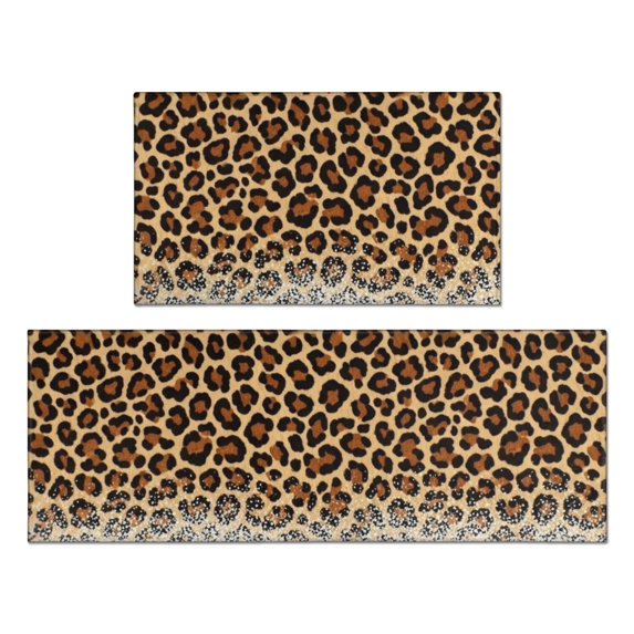Baseballs Leopard Print Yellow Anti Fatigue Kitchen Rugs Set Of 2, Non Slip Washable Decorative Floor Mats for Kitchen Sink Laundry, 17"x30" and 17"x47"