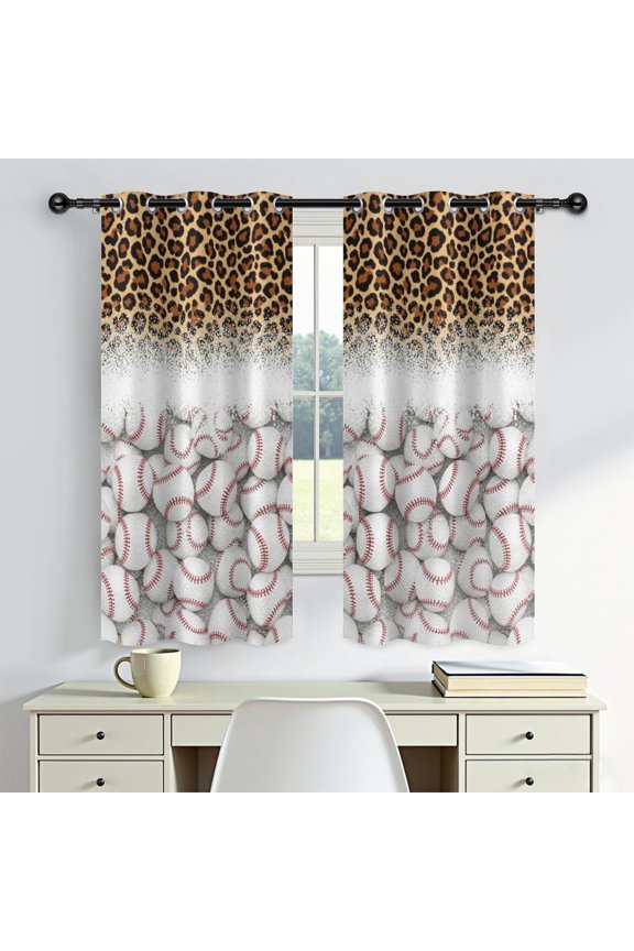 Baseballs Leopard Print Yellow Blackout Curtains,Triple Weaved Fabric,Thermal Insulated,Room Darkening,Grommet Top,2 Panels,42x72in(107x183cm)